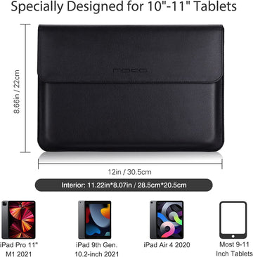 MoKo 10-11 Inch PU Leather Tablet Sleeve Bag Fits iPad air 5 10.9 inch 2022, iPad Pro 11 2021/2020, iPad 9/8/7th Gen 10.2, iPad Air 4 10.9/Air 3 10.5, iPad 9.7, Tab S8 11"/S8+ 12.4"/ S6, Black